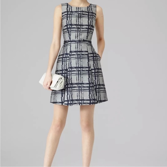 Reiss Peron Dress Fit And Flare Cocktail Mini Dress Sleeveless Pockets Navy Grey - Picture 1 of 16